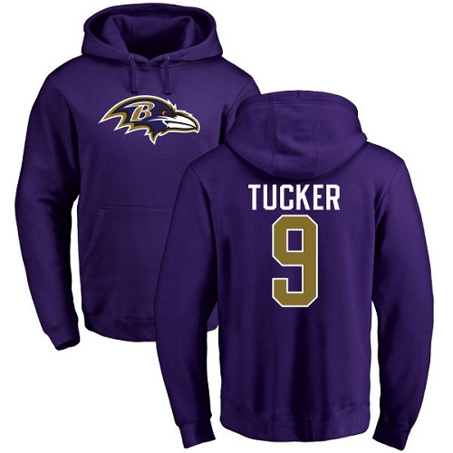 Men Baltimore Ravens Purple Justin Tucker Name and Number Logo NFL Football 9 Pullover Hoodie Sweatshirt